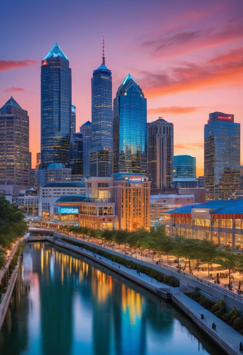 A captivating cityscape of Atlanta at dusk, featuring the iconic skyline with the Bank of America Plaza and the Georgia Aquarium illuminated. In the foreground, a vibrant skyline outline is adorned with diverse people enjoying outdoor activities, symbolizing community engagement. Incorporate elements like a modern digital clock to show 'timeliness' and directional signs pointing to various attractions. The atmosphere should be lively, with a color palette of warm oranges and cool blues reflecting on the buildings. super-realistic. vibrant colors. cityscape.