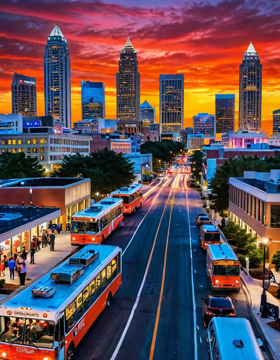 A dynamic skyline of Atlanta with a vivid sunset, showcasing notable landmarks like the Georgia State Capitol and the CNN Center. In the foreground, diverse community members engaging in conversation, holding smartphones displaying breaking news updates. Vibrant street life with food trucks and local artists creating a lively atmosphere. super-realistic. vibrant colors. dynamic composition.