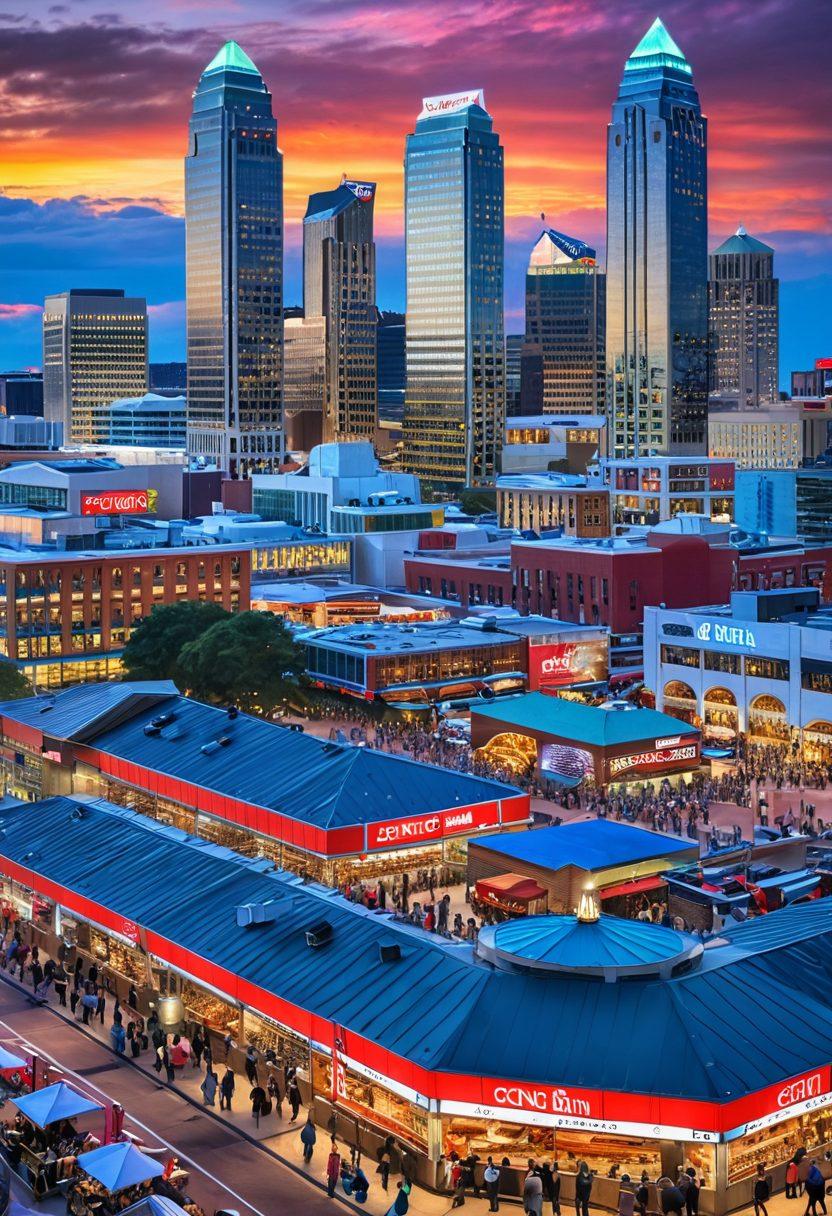A bustling cityscape of Atlanta with the iconic skyline featuring skyscrapers and the CNN Center, overlayed with vibrant news headlines and event details. Include dynamic people engaging with digital devices, enjoying local culture, and attending events in a lively park. The foreground should present a vivid local market scene with food stalls and performers. vibrant colors. super-realistic.